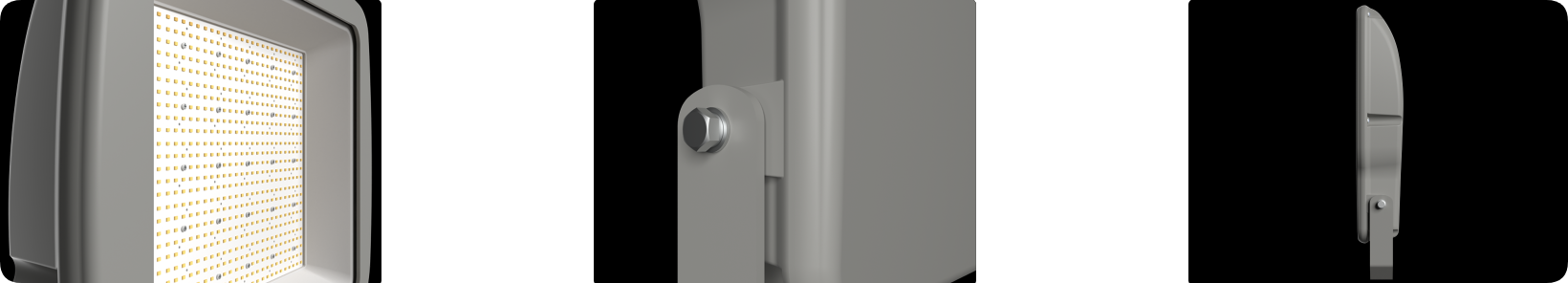 Stainless steel single-bolt locking bracket, side slim profile, and reflector bezel details