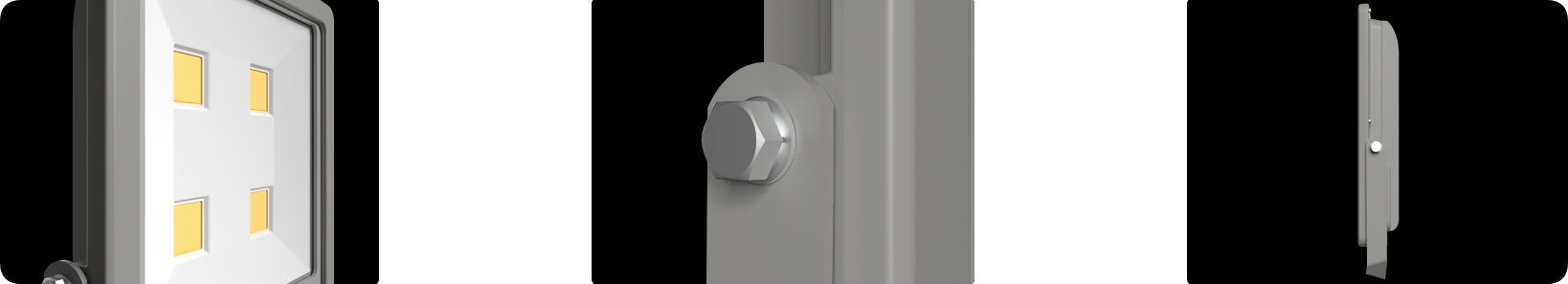 Single-bolt locking steel bracket, side slim profile, and COB reflector cup details