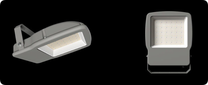 Slim curved die-cast aluminum LED floodlight showing front optical panel and side angle
