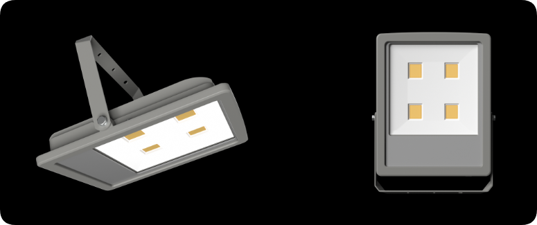 Slim die-cast aluminum COB LED floodlight showing front white reflector and side angle