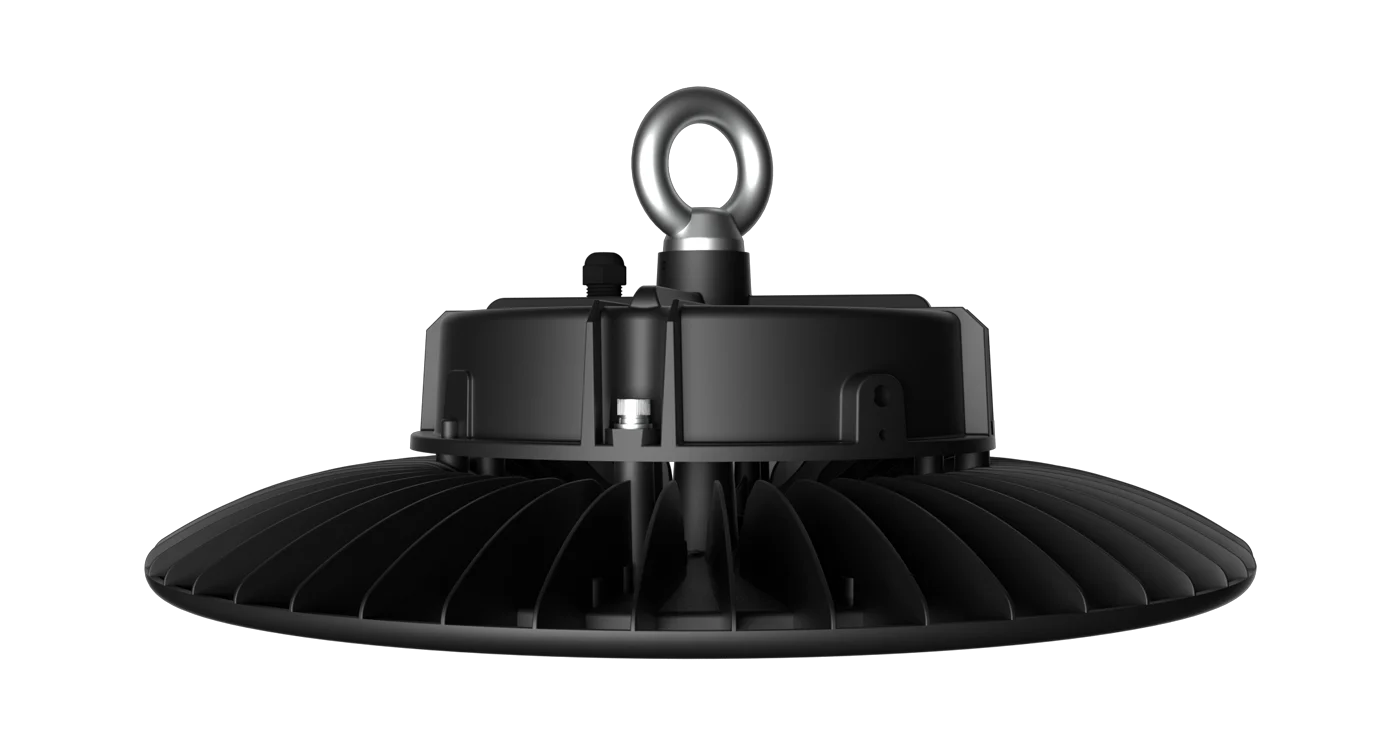 Slim side-profile radial finned structure and heavy duty hanging ring on UFO high bay