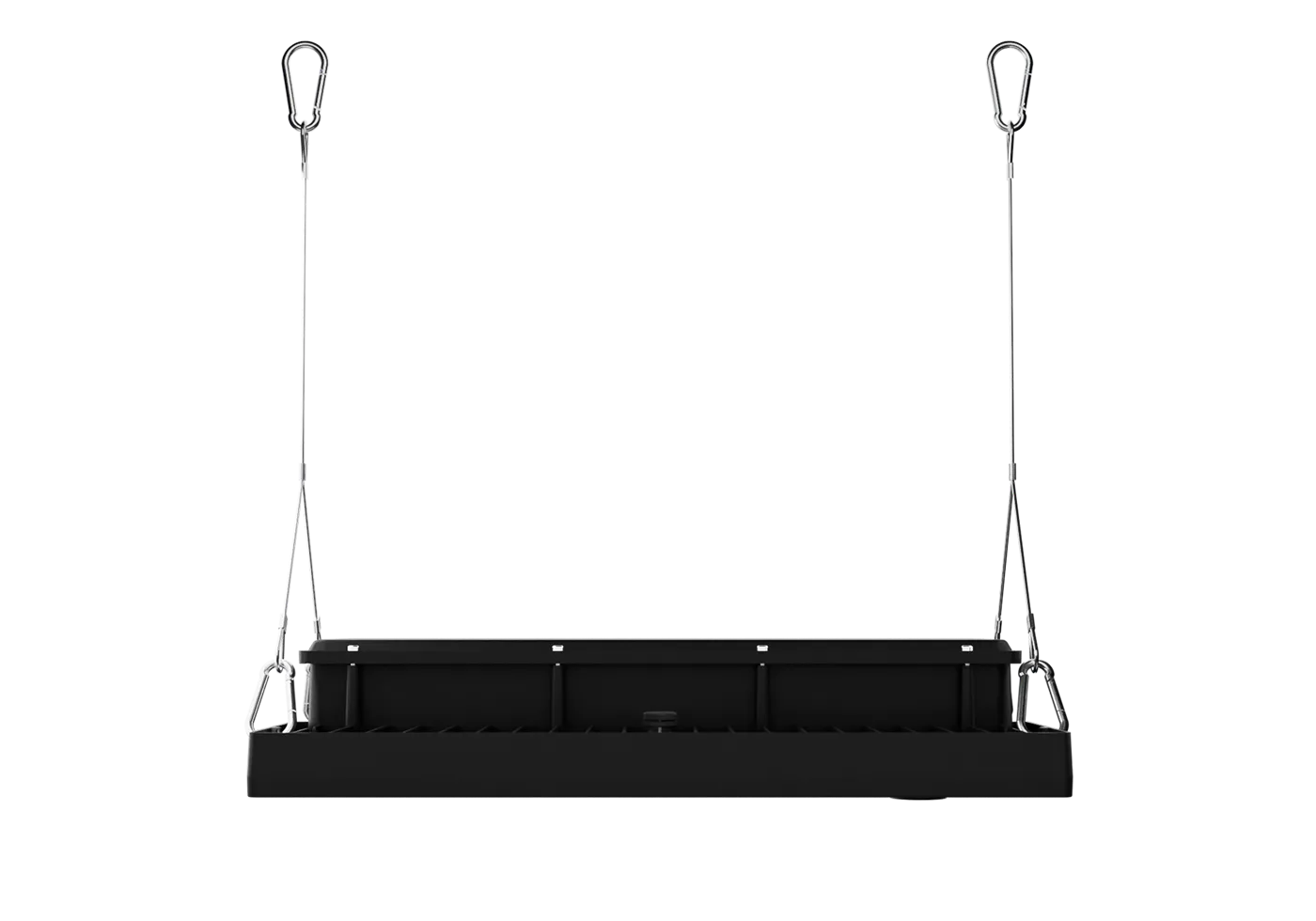 Slim side-profile suspended wire rope mounting layout on heavy duty industrial high bay light
