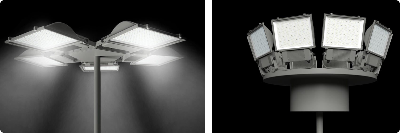 High mast pole platform array of high-power LED stadium floodlights for arena illumination