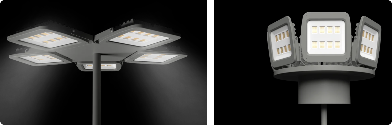 High mast pole platform array of segmented DOB LED stadium floodlights for arena illumination