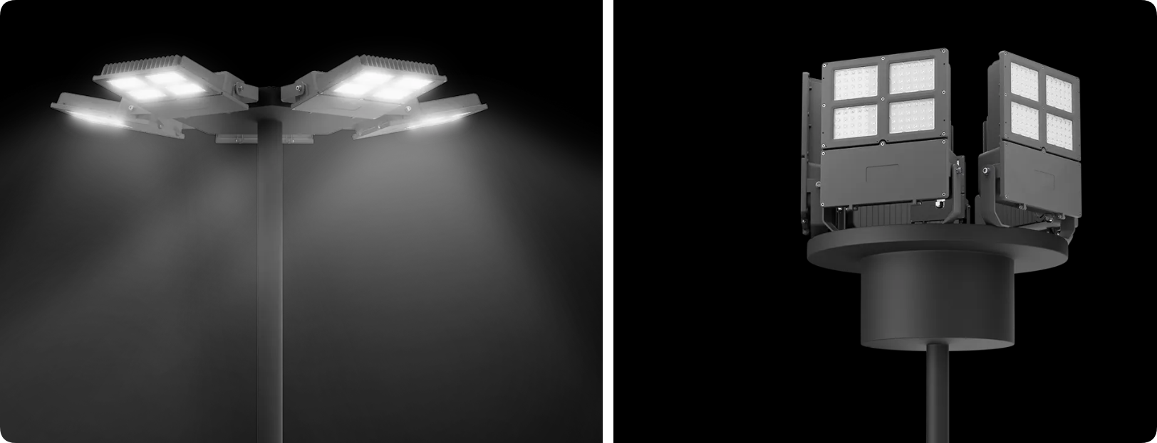High mast pole platform array of quad-matrix LED floodlights for arena illumination
