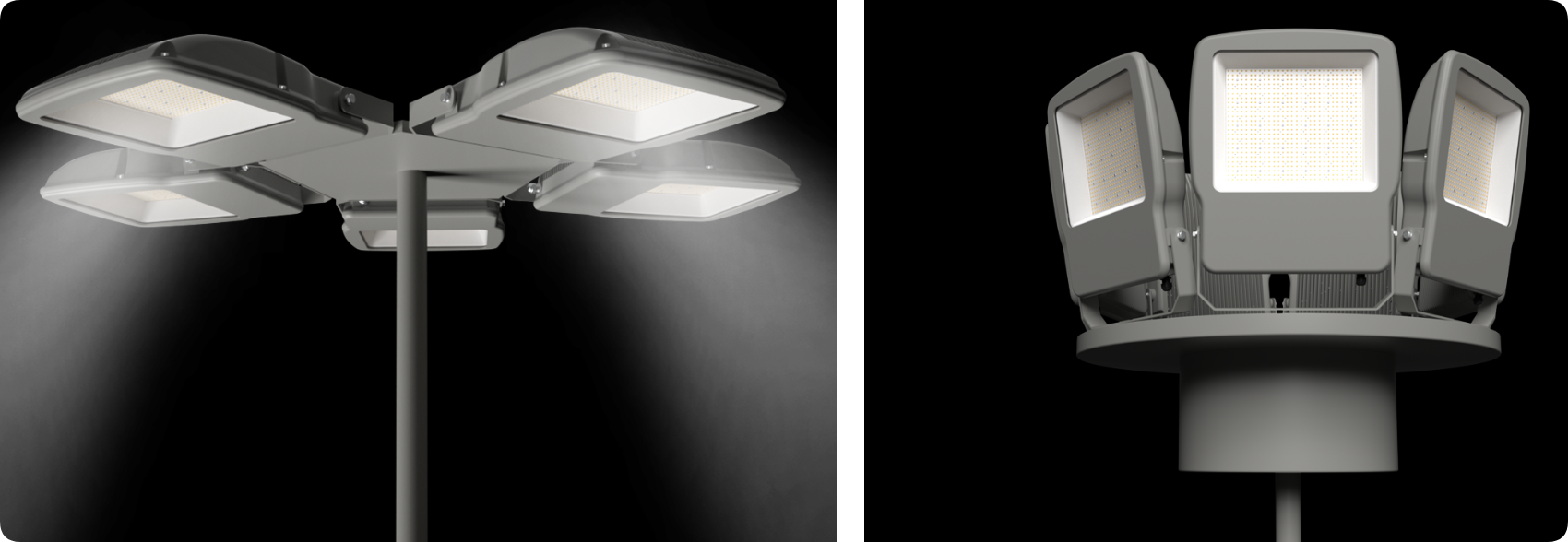 High mast pole platform array of ultra-slim DOB LED floodlights for arena illumination