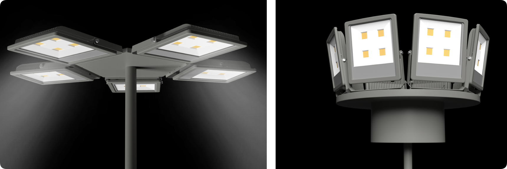 High mast pole platform array of commercial COB LED floodlights for arena illumination