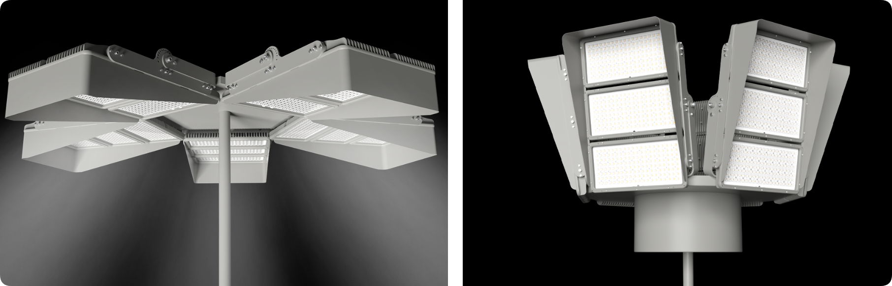 High mast pole platform array of visor modular LED stadium floodlights for arena illumination