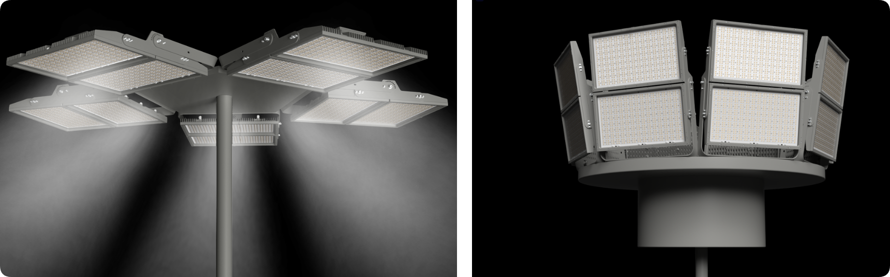 High mast pole platform array of rectangular LED stadium floodlights for arena illumination