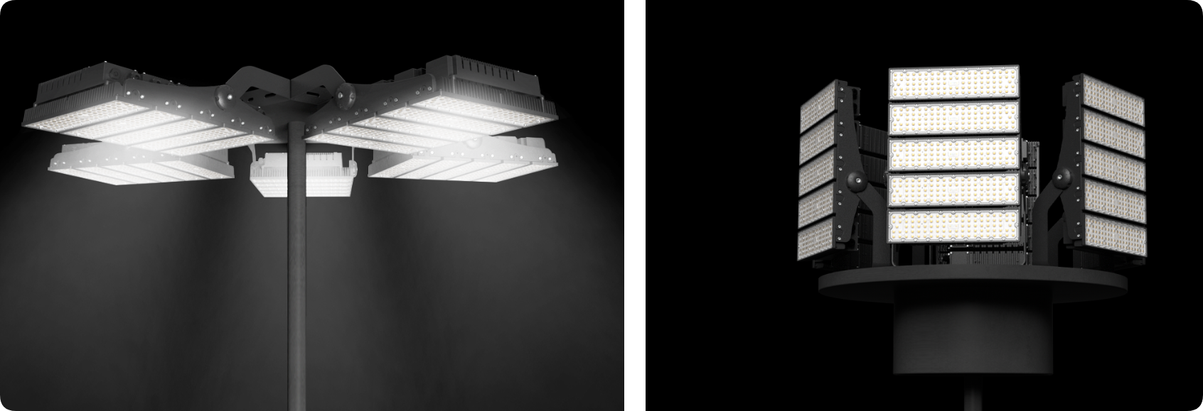 High mast pole platform array of modular LED stadium floodlights for arena illumination