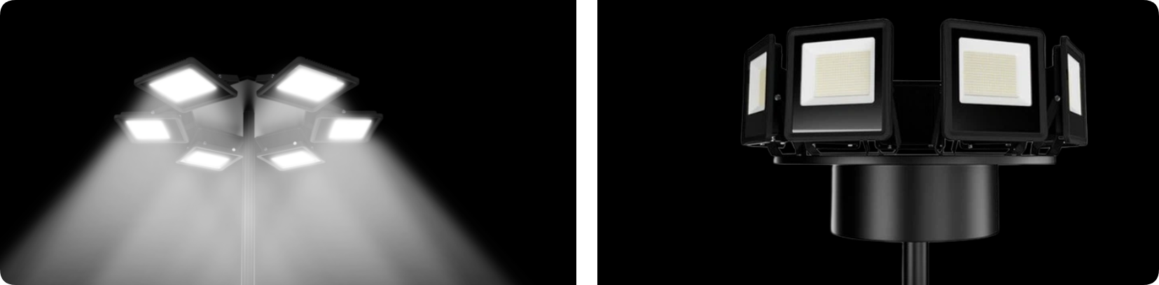 High mast pole platform array of economic DOB LED floodlights for open area illumination