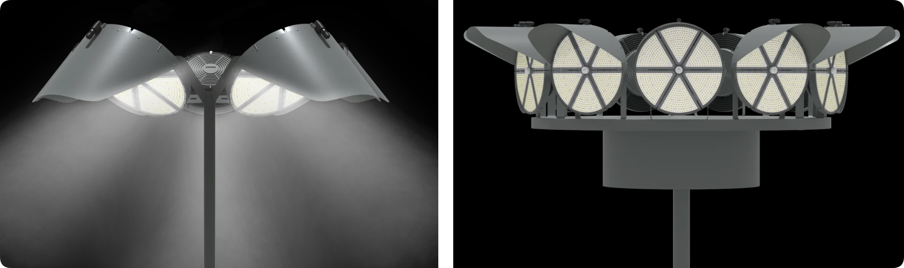 High mast pole array of round LED stadium floodlights for arena and port container yards