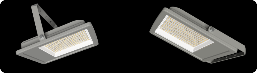 Super bright die-cast aluminum LED floodlight showing front optical panel and side angle