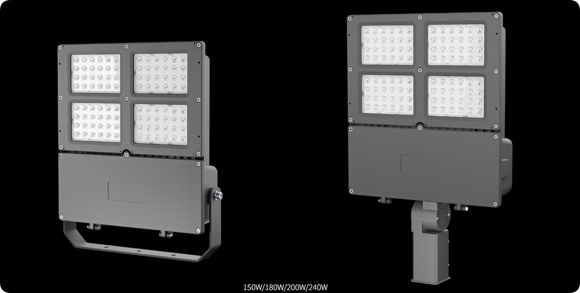 U-bracket and slip-fitter mounting options for 150W to 240W LED tennis court floodlight series