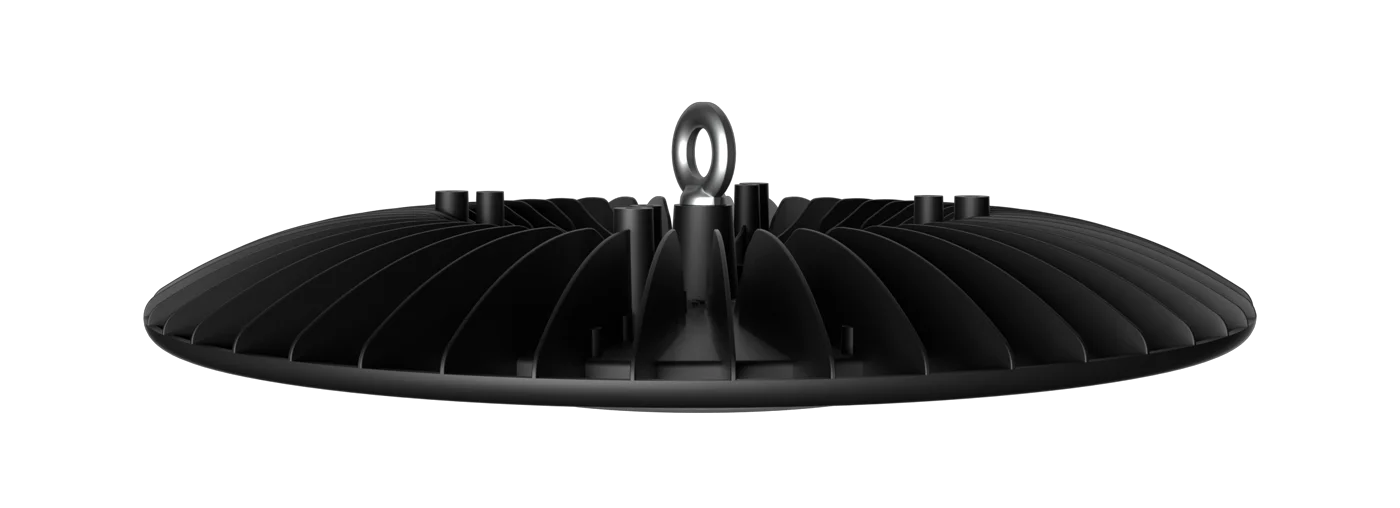 Ultra-slim side-profile radial finned structure and hanging ring on DOB UFO high bay