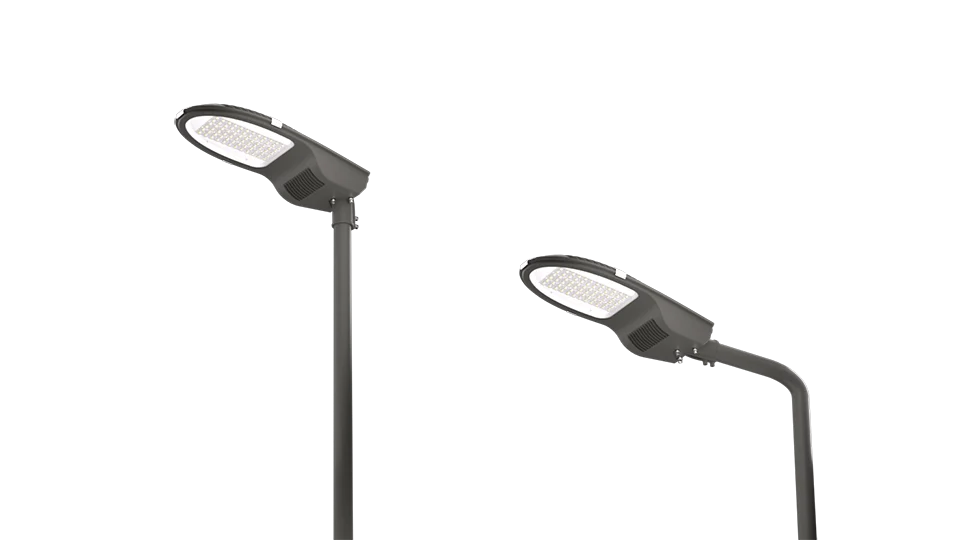 Municipal LED street light fixture supporting vertical post top and horizontal arm mount